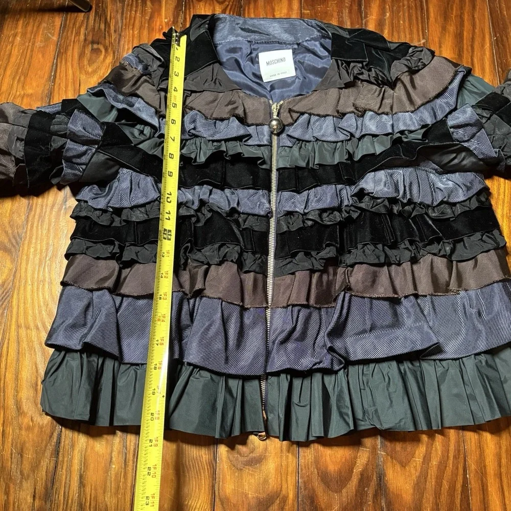 Moschino Blue Black Tiered Ruffle Velvet Zip Front Jacket Rare Sz 10
